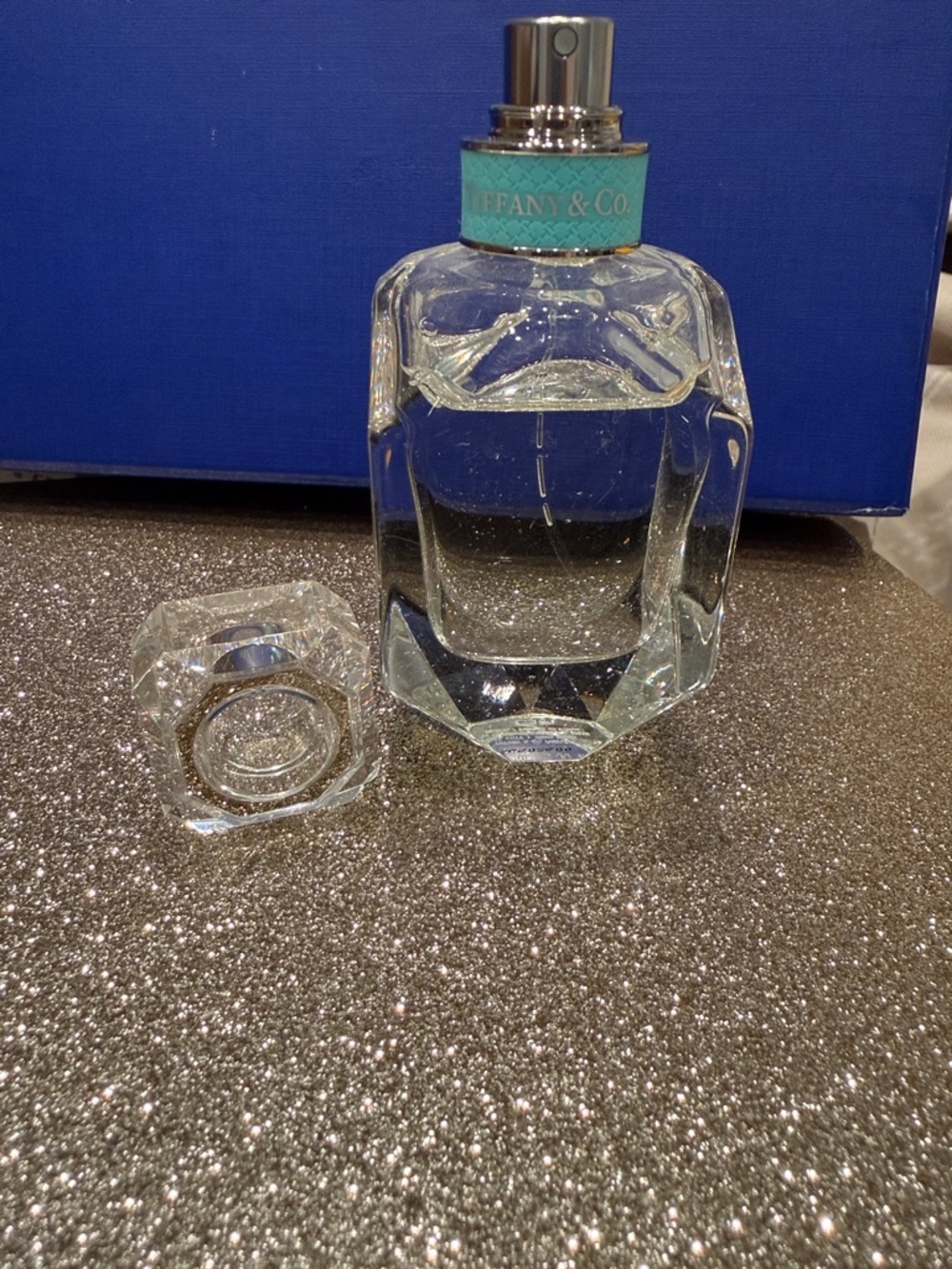 *EUC*1.7 oz*Tiffany & Co.*Clear Crystal Perfume Bottle with Turquoise Neck